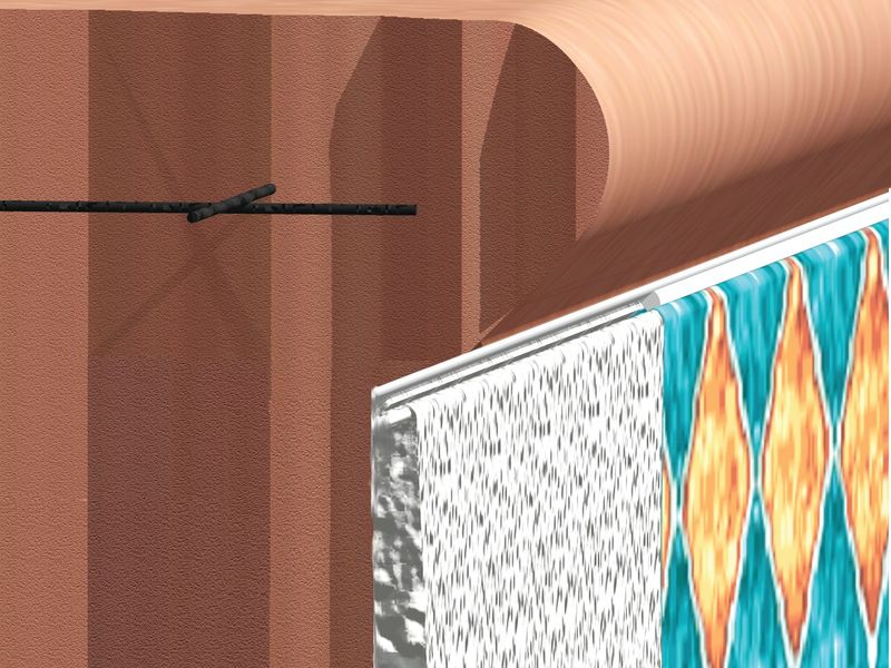 Cutaway illustration of Aluma-Trac liner track fixed to the top of a concrete pool wall, holding the vinyl liner under the coping