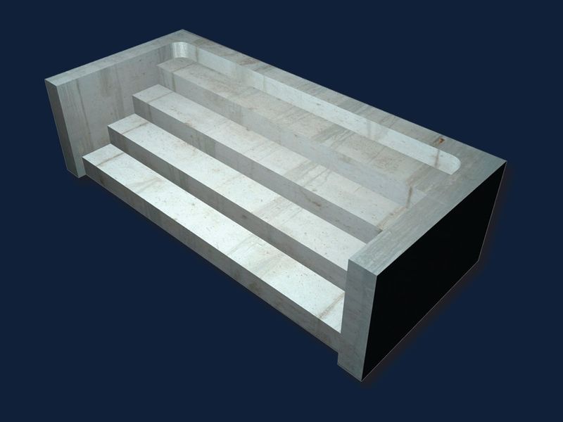 3D rendering of concrete end steps running the full width between two end walls