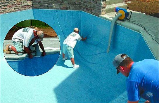 Installers fitting a vinyl liner in a concrete pool, with an inset close-up of the liner bead going into the track