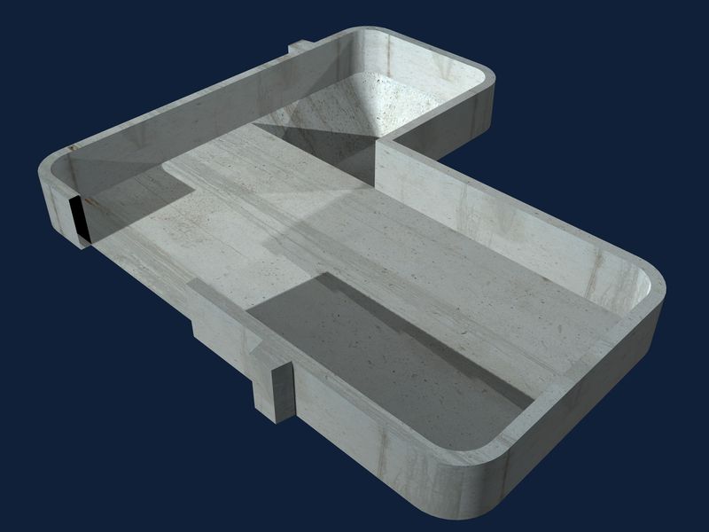 3D rendering of an L-shaped pool with 2 ft radius corners and a 5 ft radius outside step