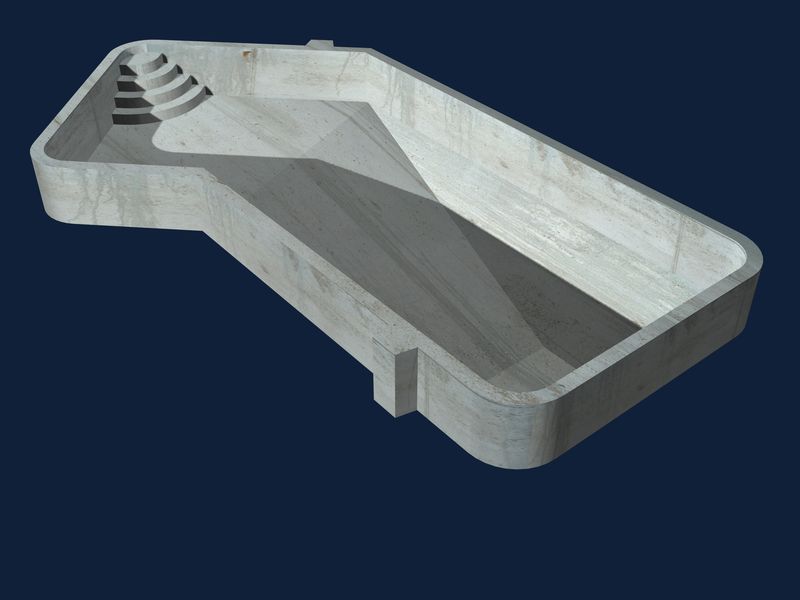 3D rendering of a Lazy-L pool with 2 ft radius corners and a radius corner step