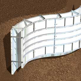 Illustration of parapet brackets suspending the inside forms of a radius wall