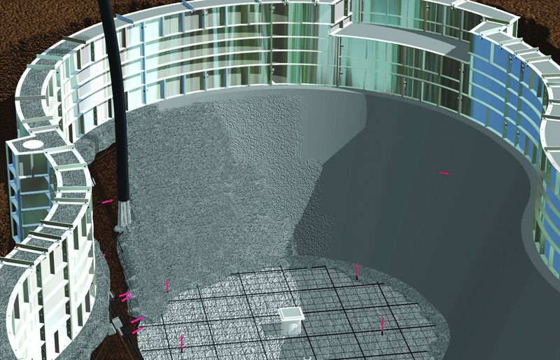 Illustration of concrete being placed inside a pool formed with aluminum radius forms