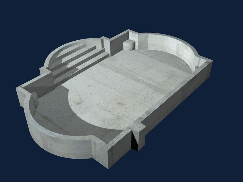 3D rendering of a 20 x 40 ft rectangle pool with Roman ends, a corner bench and a Roman end step