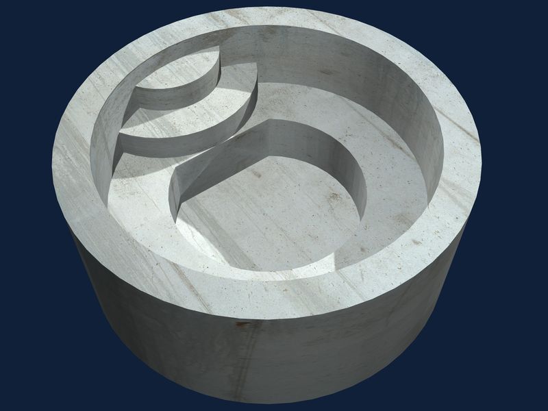 3D rendering of an eight-foot round concrete spa with radius steps inside